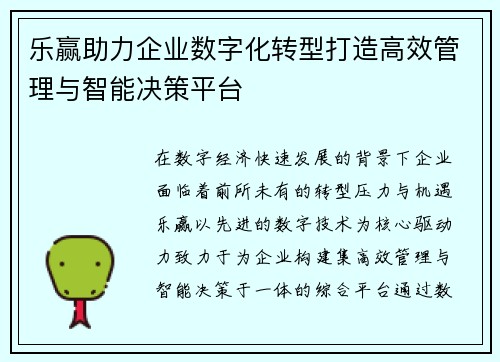 乐赢助力企业数字化转型打造高效管理与智能决策平台